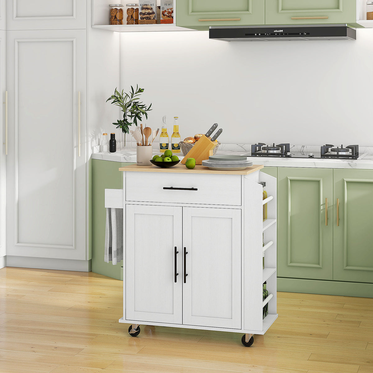 Modern Kitchen Island Cart, White, Built-In Outlets & USB Charging Station