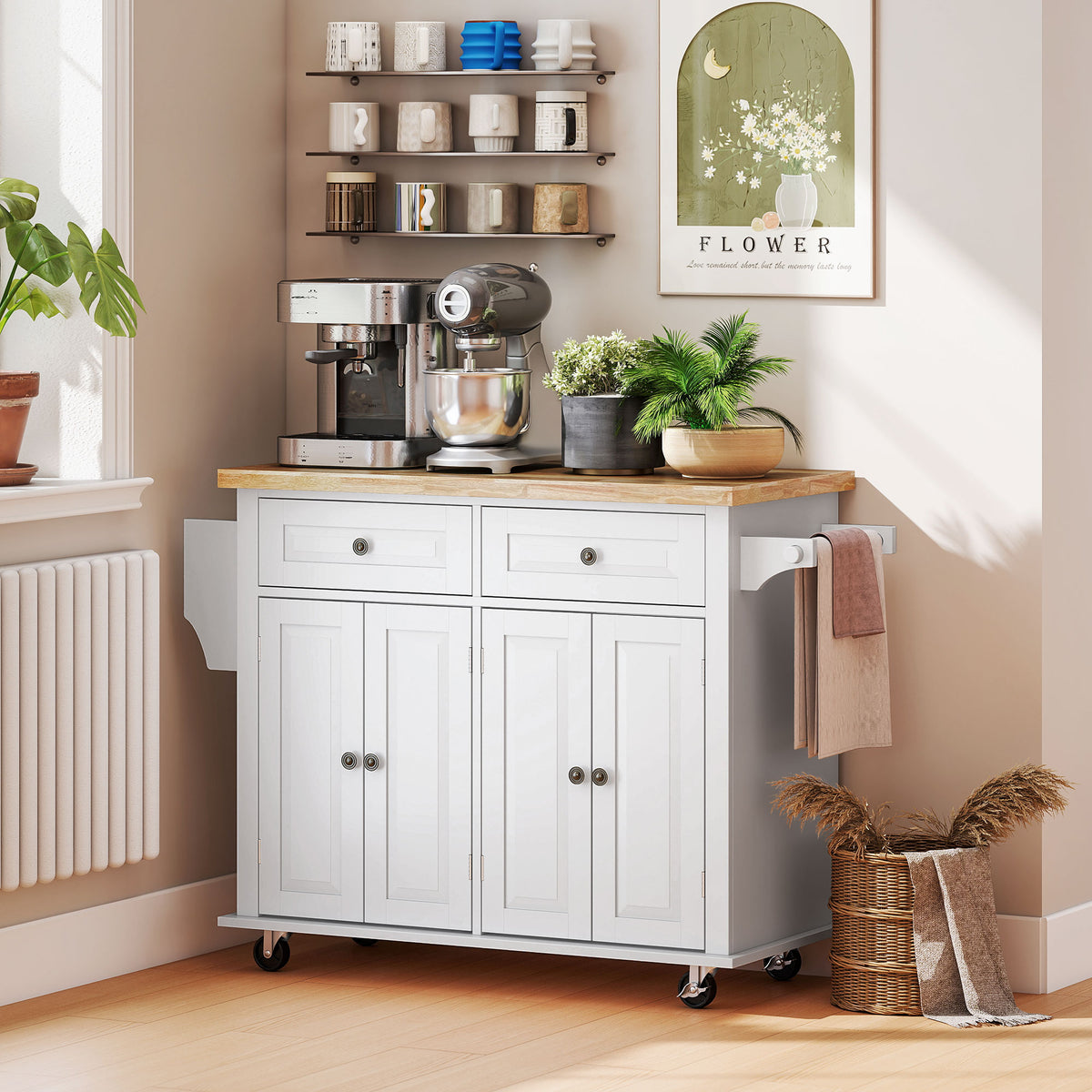 44" Rolling Kitchen Island Table - White Cart with Towel Bar & Spice Rack
